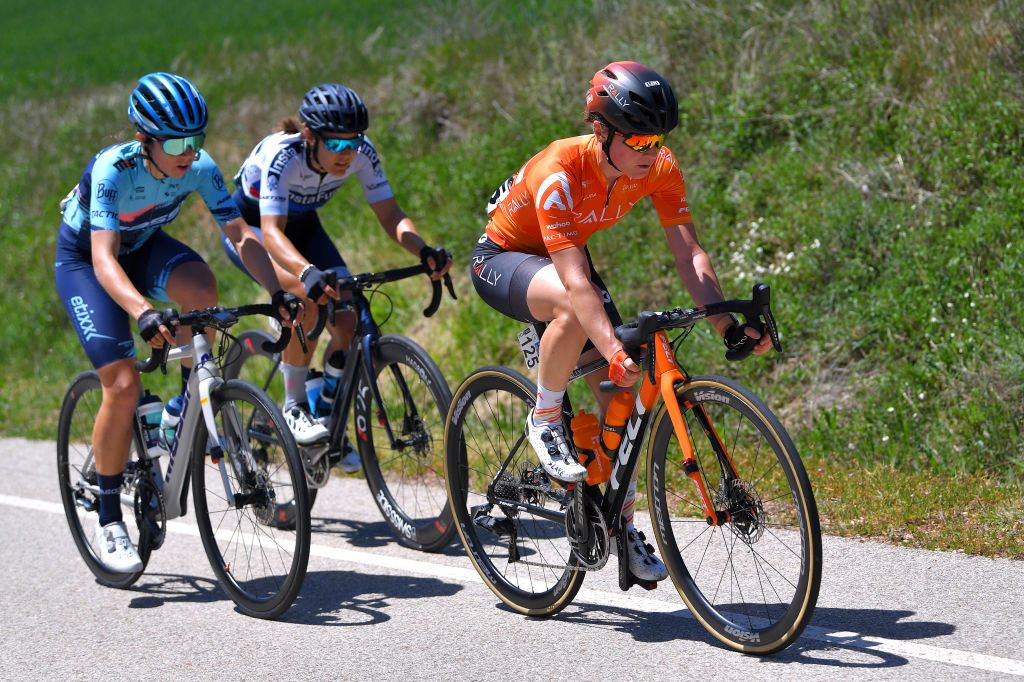 SARGENTES DE LA LORA SPAIN MAY 20 Heidi Franz of United States and Team Rally Cycling in breakaway during the 6th Vuelta a Burgos Feminas 2021 Stage 1 a 100km stage from Villadiego to Sargentes de la Lora 1013m VueltaBurgos BurgosFem UCIWWT on May 20 2021 in Sargentes de la Lora Spain Photo by Luc ClaessenGetty Images