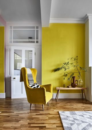 living room with yellow accent wall, yellow armchair, wooden flooring, white woodwork and ceiling