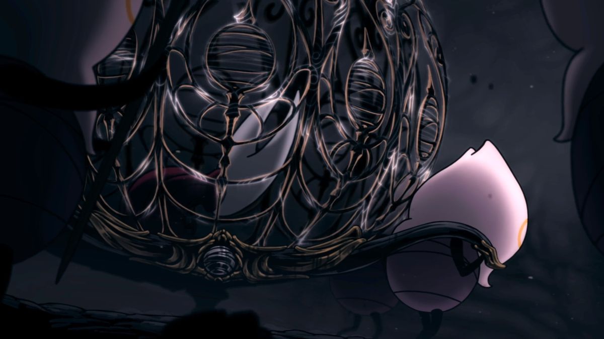 Hornet is trapped in the cage in Hollow Knight: Silksong, being carried by hooded bugs