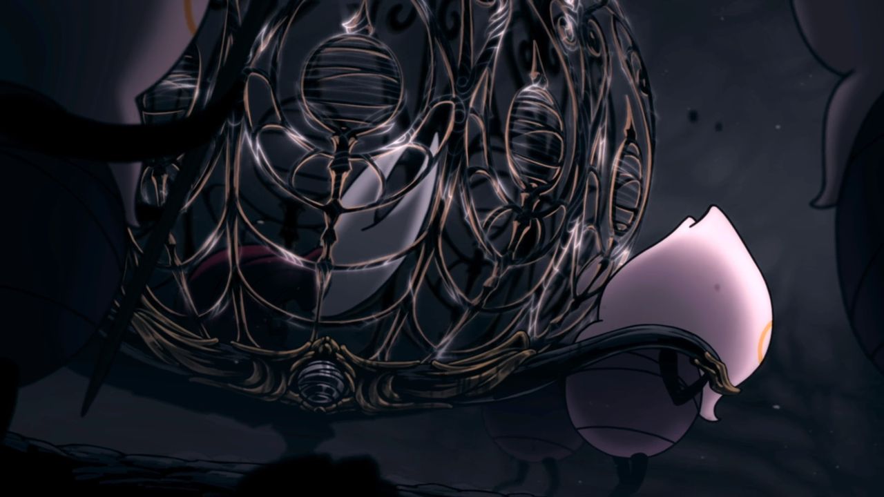 Hornet is trapped in the cage in Hollow Knight: Silksong, being carried by hooded bugs