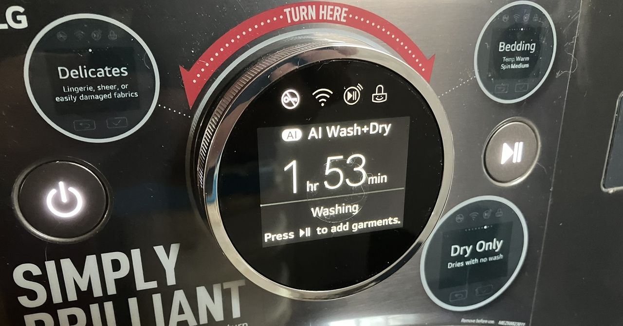 LG 5.0 cu. ft. Mega Capacity Smart Front Load All-in-One Washer Dryer Combo displaying remaining time