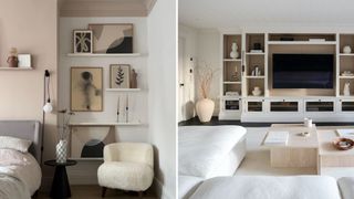 collage of two neutral quiet luxury trend color schemes in a bedroom and living room
