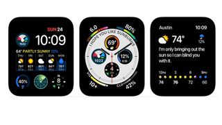 Tre skjermbilder av appen Carrot Weather på Apple Watch