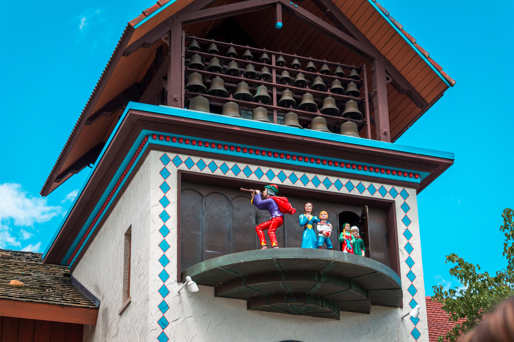 Clock tower telling the story of the Pied Piper at the Bavarian Inn in Frankenmuth, Michigan