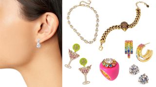 composite image: model wearing earrings and cut outs of jewelry