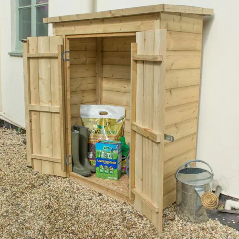 wooden shiplap garden store with 2 doors