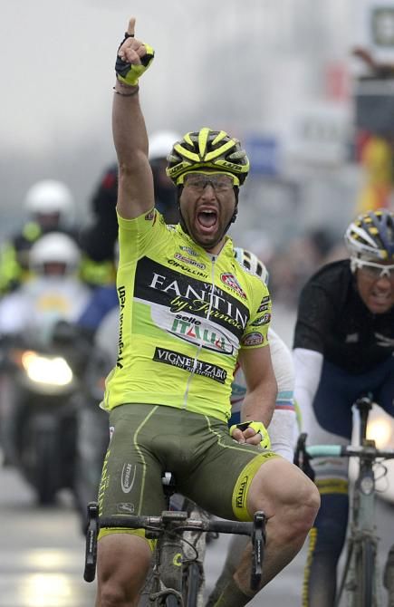 Oscar Gatto (Vini Fantini-Selle Italia) celebrates victory in the Dwars door Vlaanderen