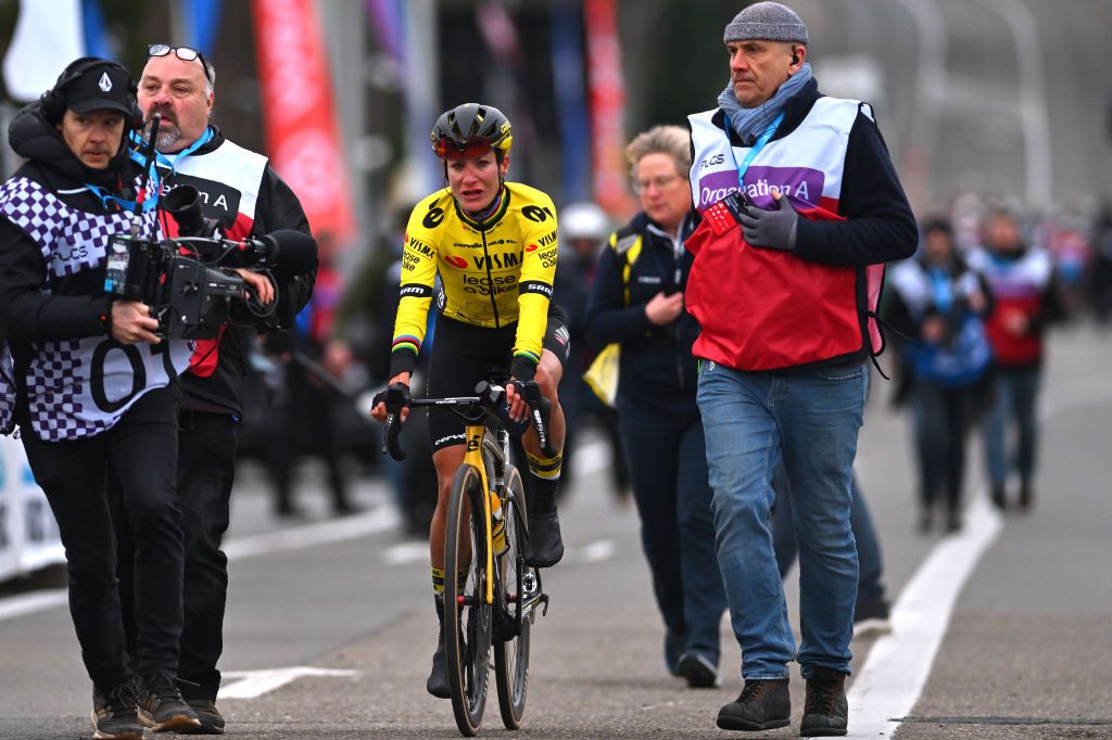 NINOVE BELGIUM FEBRUARY 24 Race winner Marianne Vos of The Netherlands and Team Visma Lease A Bike celebrates at finish line ahead of Lotte Kopecky of Belgium and Team SD WorxProtime L during the 16th Omloop Het Nieuwsblad 2024 Womens Elite a 1271km one day race from Ghent to Ninove UCIWWT on February 24 2024 in Ninove Belgium Photo by Luc ClaessenGetty Images