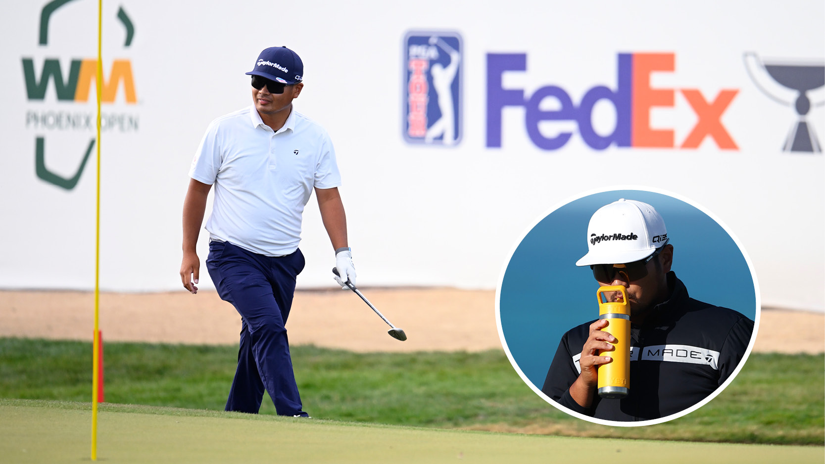 Ryo Hisatsune walks on the green and also takes a sip of his water bottle