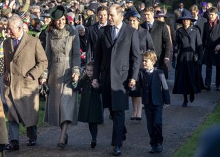 Catherine, Duchess of Cambridge and Prince William, Duke of Cambridge with Prince George of Cambridge and Princess Charlotte of Cambridge attend the Christmas Day Church service