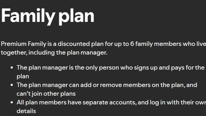 Spotify Family plan conditions text screenshot