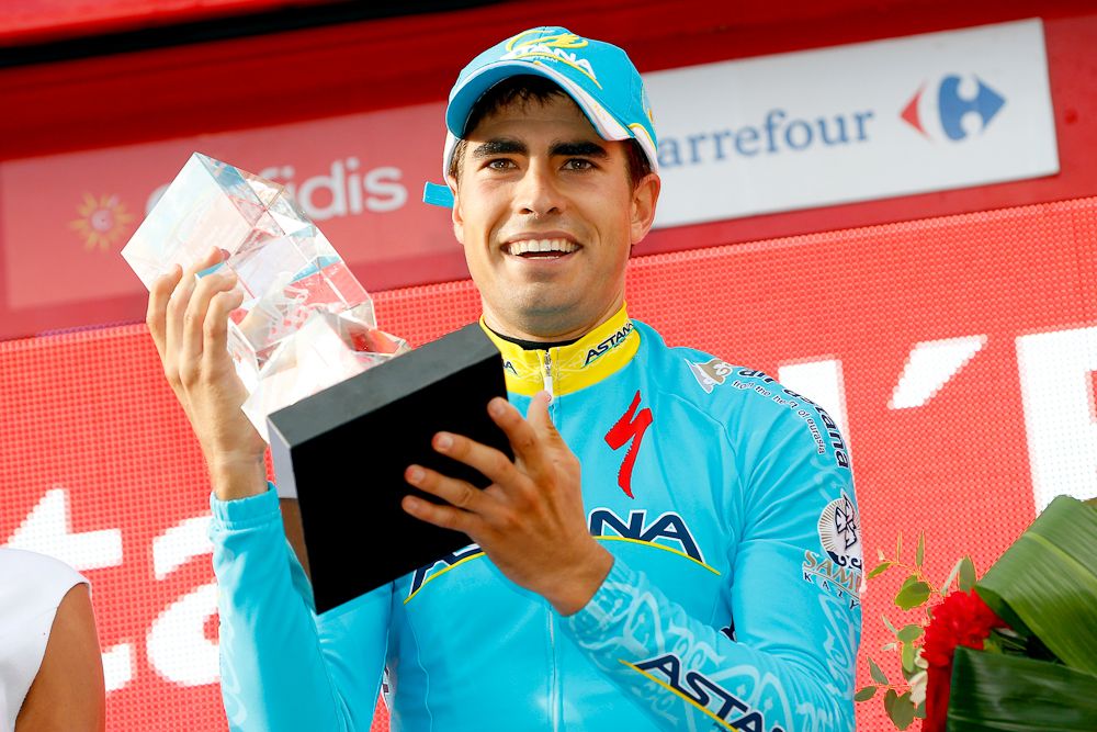 Mikel Landa (Astana) celebrates on the stage 11 podium at the 2015 Vuelta a Espana.