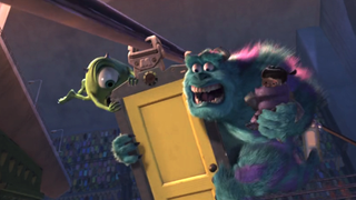 Sully, Mike and Boo grabbing on to a moving door as it descends down a track in Monster's Inc 