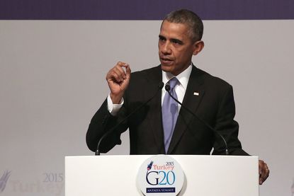 US President Barack Obama speaking at a press conference following the G20 Summit