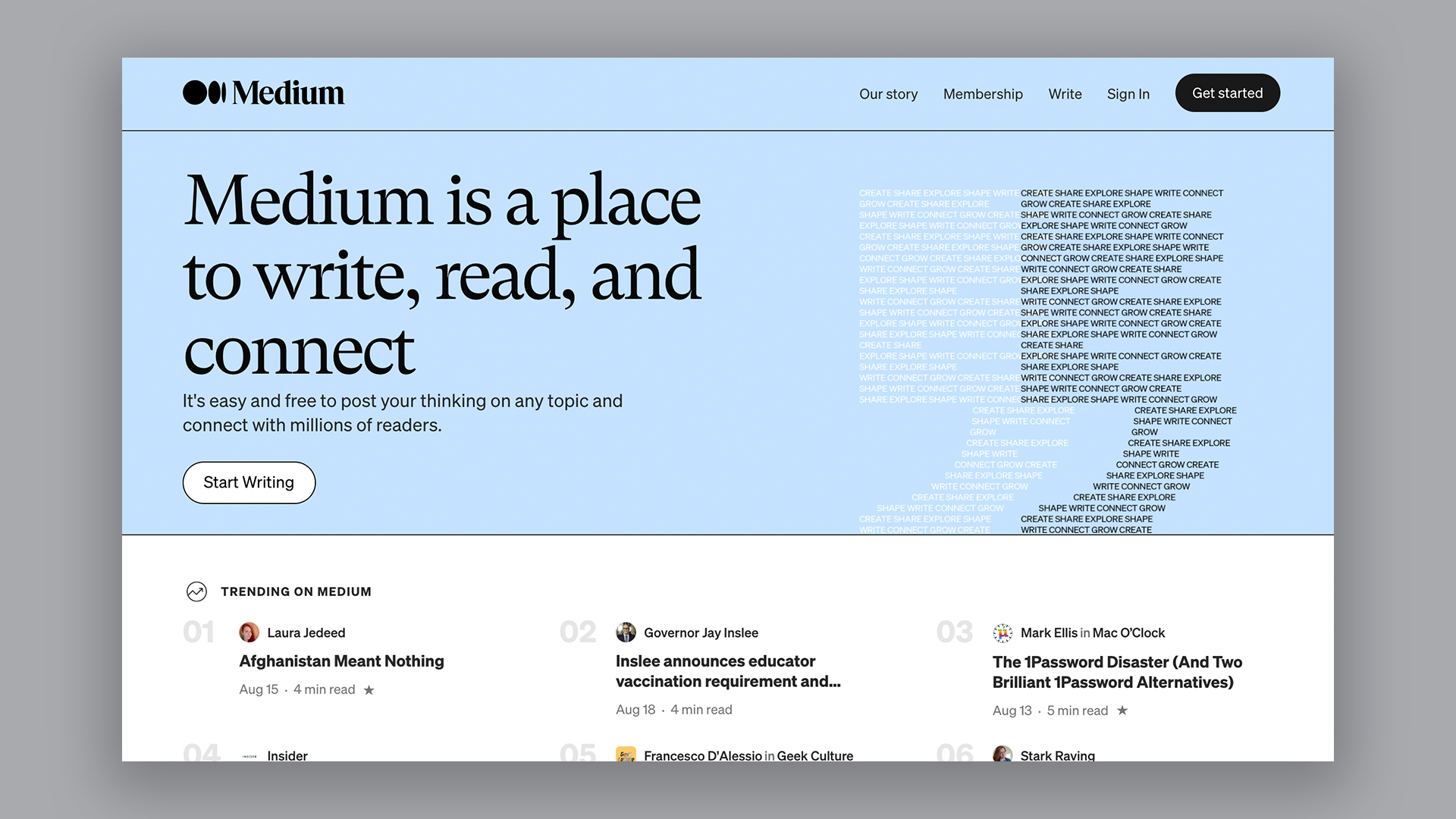 Homepage of Medium, one of the best blogging platformss, with the headline 'Medium is a place to write, read and connect'