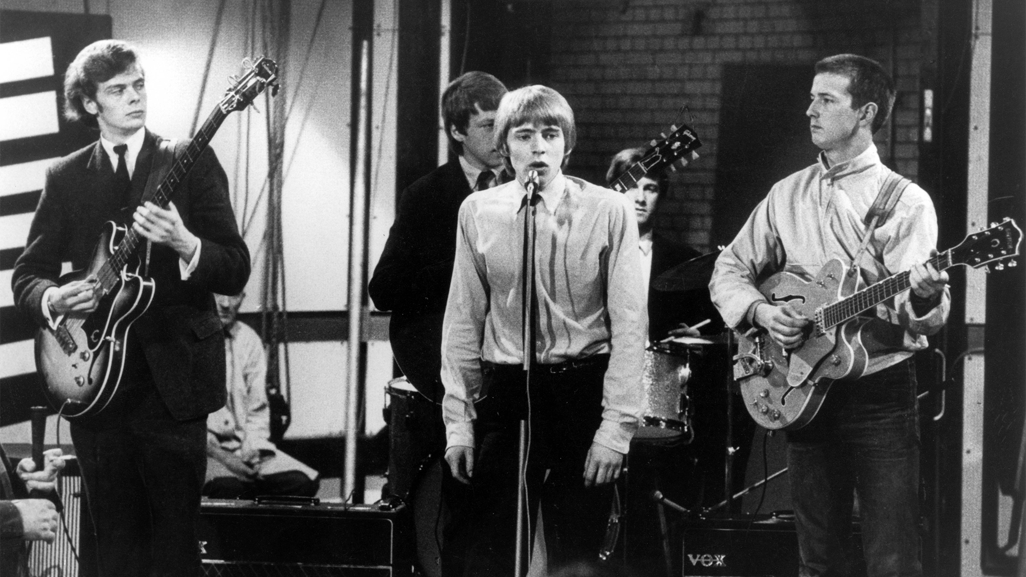 The Yardbirds perform on 'Ready Steady Go!' 22nd May 1964. (from left) Paul Samwell-Smith, Chris Dreja, Keith Relf, Jim McCarty and Eric Clapton (playing Gretsch guitar with Bigsby Vibrato).