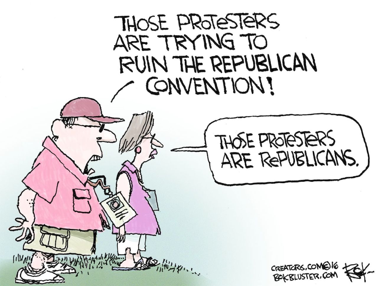 Political cartoon U.S. GOP Convention protestors Republicans