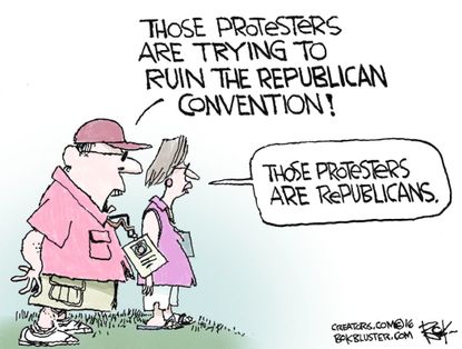 Political cartoon U.S. GOP Convention protestors Republicans