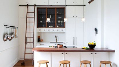 A white kitchen with a oak kitchen ladder 