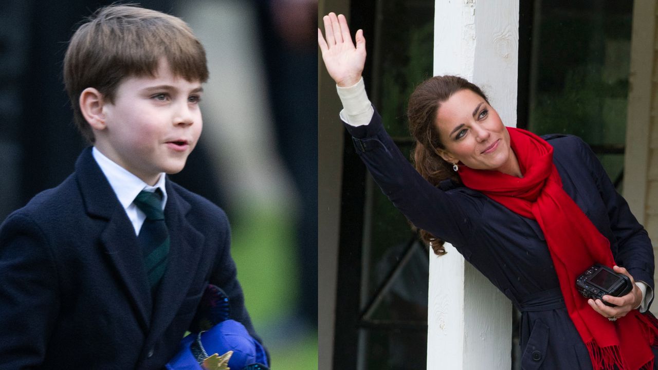 A photo of Prince Louis wearing a navy coat and black watch plaid tie holding a toy smiling on Christmas Day 2024 next to a picture of Princess Kate wearing a navy coat and red scarf holding a camera and waving on a porch