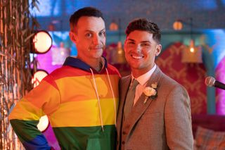 Ste Hay and James Nightingale pictured on their wedding day in Hollyoaks.