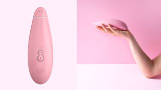 Womanizer Premium Eco vibrator, woman holding vibrator and top view of vibrator with buttons