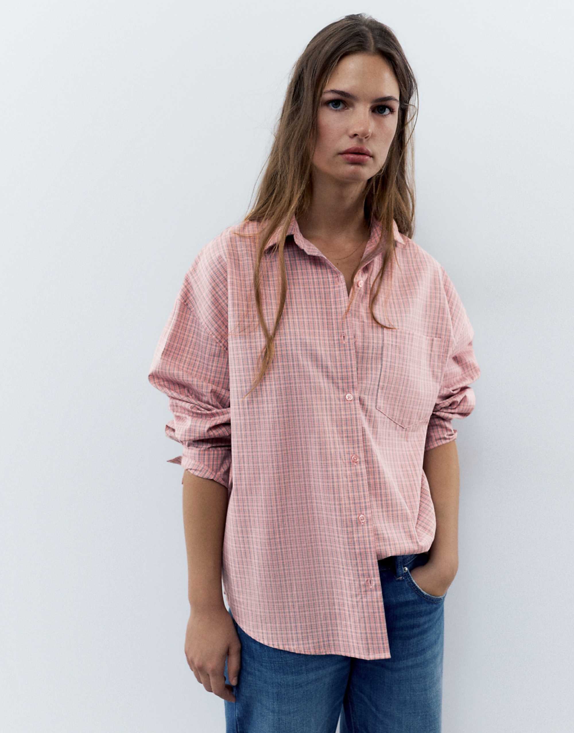 Pull&amp;amp;bear Check Shirt With Pocket in Pink