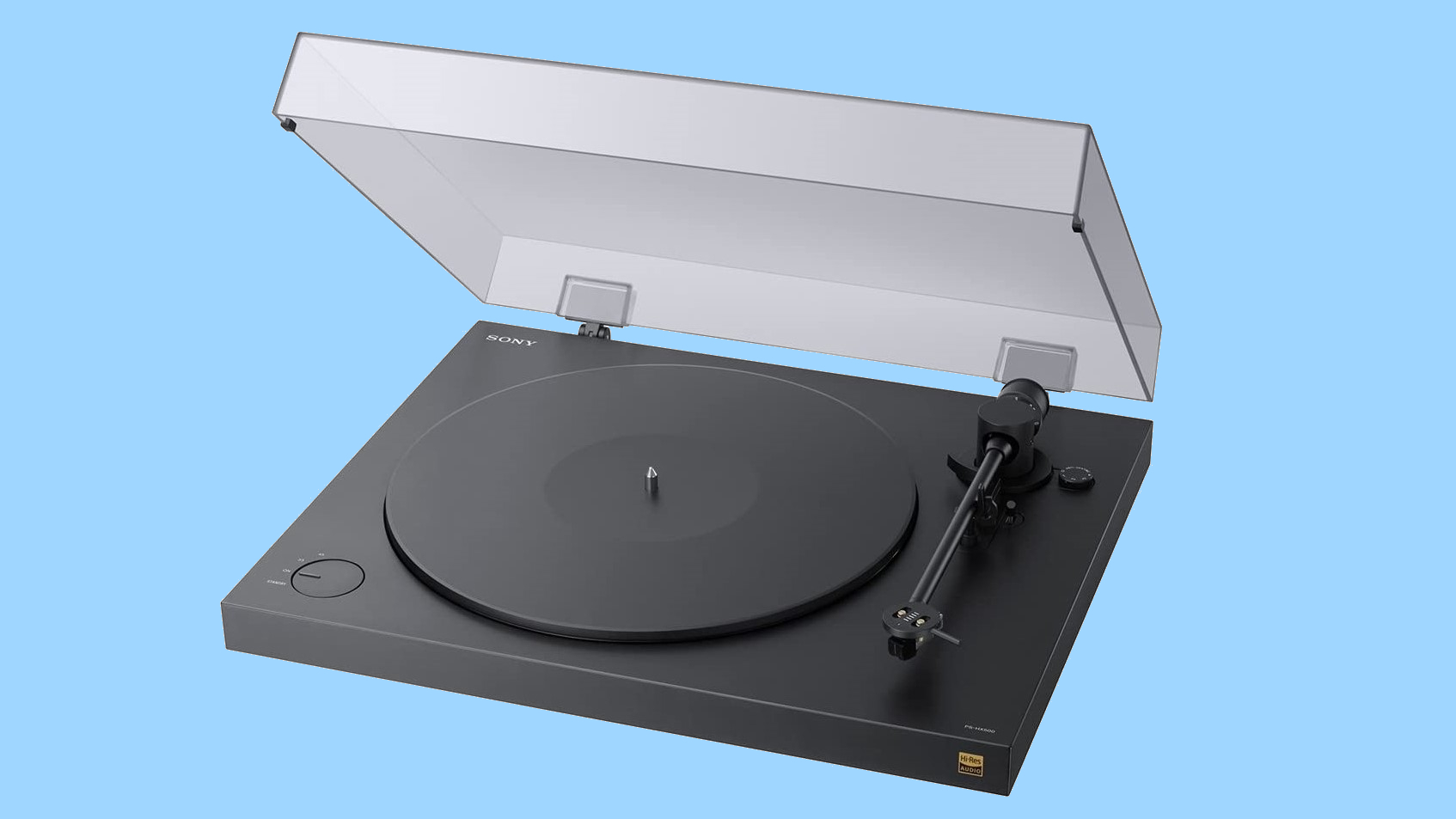 The Sony PS-HX500 turntable on a blue background