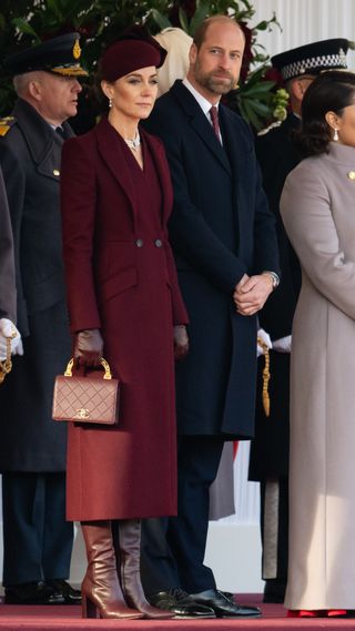 Catherine, Princess of Wales, Prince William, Prince of Wales and Sheikha Jawaher attend the Ceremonial Welcome at Horse Guards Parade during day one of The Amir of the State of Qatar's visit to the United Kingdom