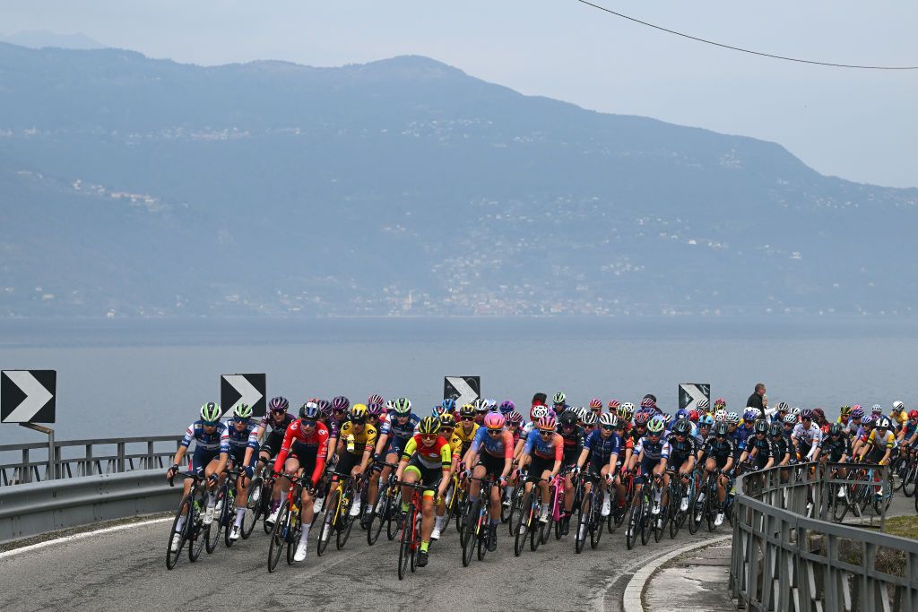 CITTIGLIO ITALY MARCH 19 Mireia Benito of Spain and Team AG Insurance Soudal QuickStep Riejanne Markus of The Netherlands and Team JumboVisma and a general view of the peloton competing during the 24th Trofeo Alfredo BindaComune di Cittiglio 2023 Womens Elite a 139km one day race from Maccagno con Pino e Veddasca to Cittiglio UCIWWT on March 19 2023 in Cittiglio Italy Photo by Dario BelingheriGetty Images