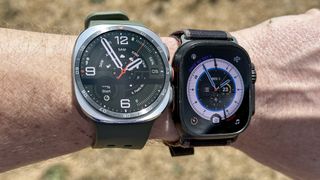 The Samsung Galaxy Watch Ultra 2 and Apple Watch Ultra 2 on a wrist outside