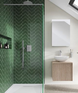 loft conversion bathroom with green tiled walk in shower, wooden fluted vanity unit and sink