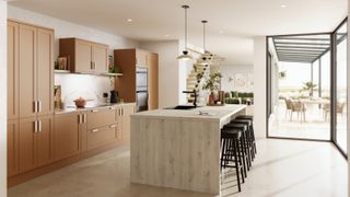 large kitchen with island, bar stools and waterfall worktop finish