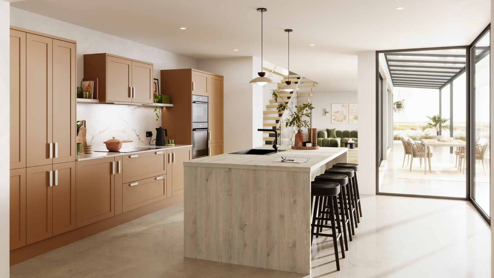large kitchen with island, bar stools and waterfall worktop finish