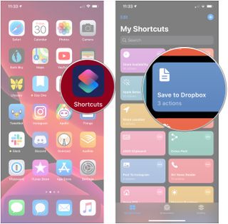 Share shortcuts from library, showing how to open Shortcuts, then 3D Touch or long press a shortcut