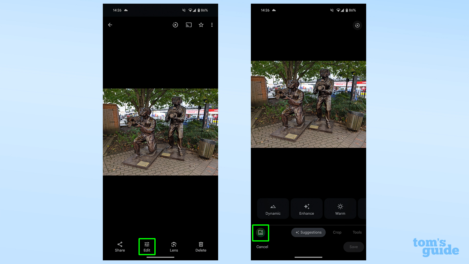 Снимки экрана, показывающие, как открыть фотографию в Magic Editor на Pixel 8 Pro