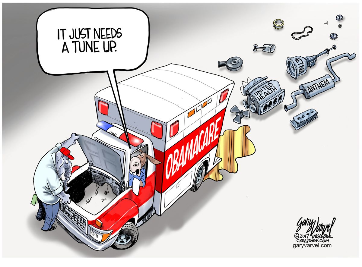 Political cartoon U.S. Trump AHCA health care reform ambulance fix ...