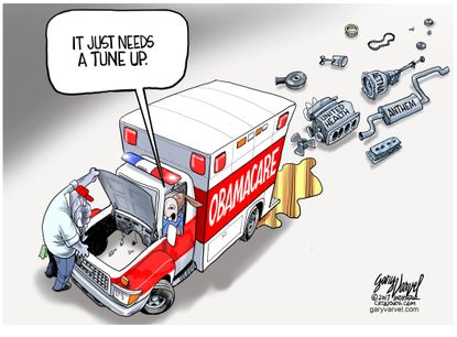 Political cartoon U.S. Trump AHCA health care reform ambulance fix