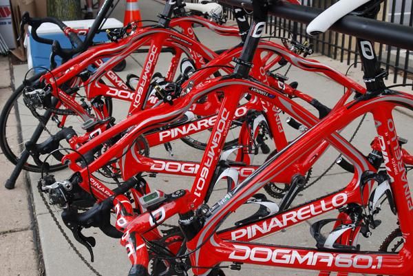 A load of Team Bissell's Pinarello Dogma's.