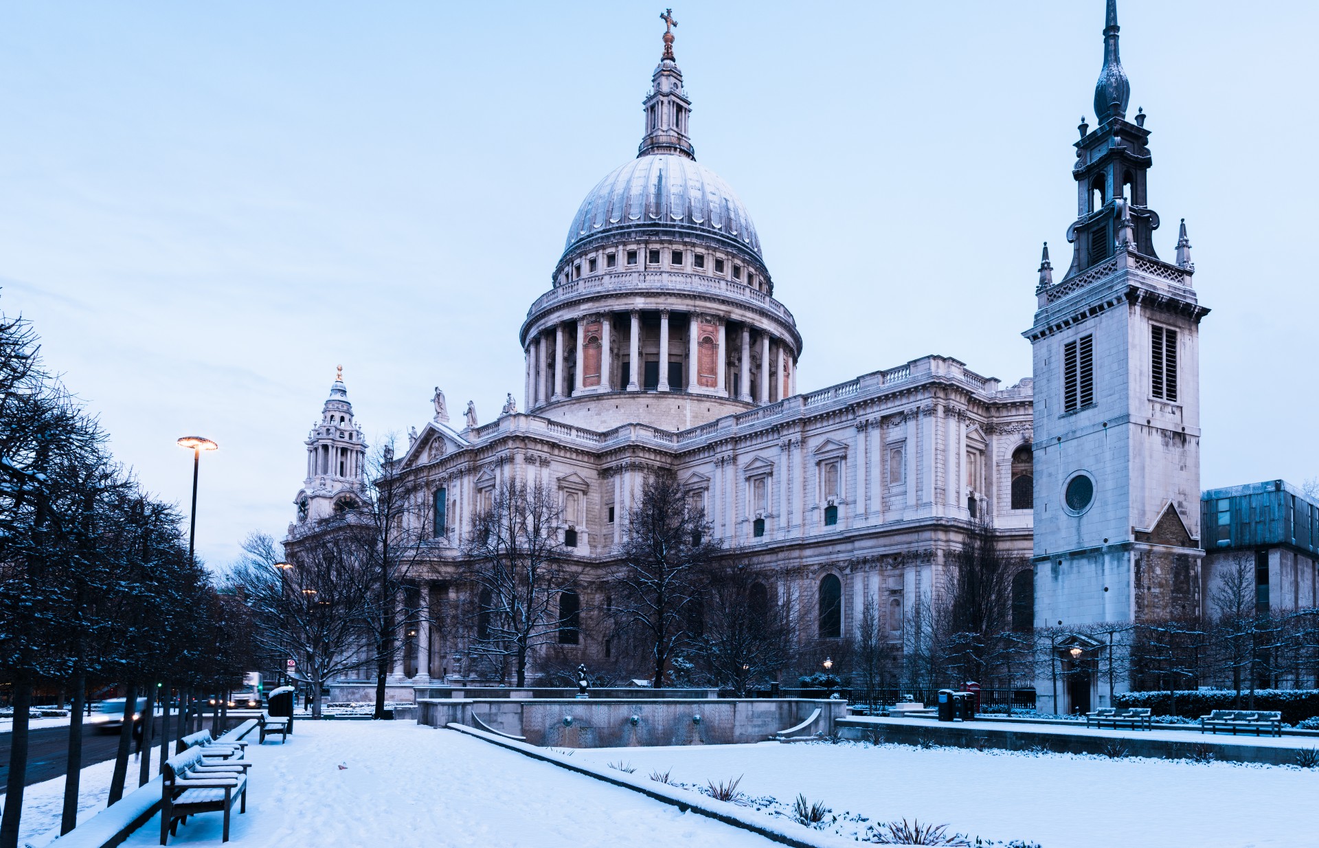 A sunrise view of London's St.Paul's Cathedral in the snow