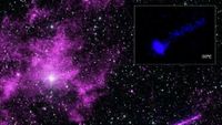A purplish haze against a dark starry background. A boxout has a blue streak.