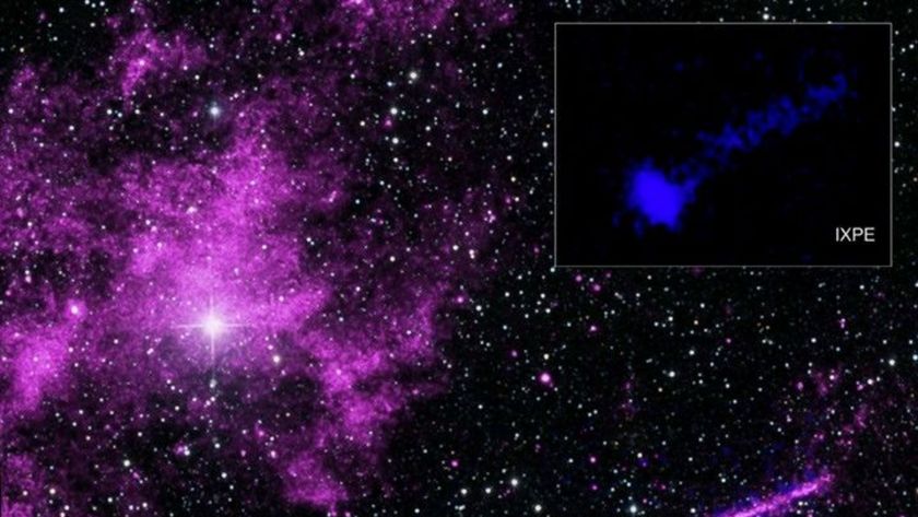A purplish haze against a dark starry background. A boxout has a blue streak.