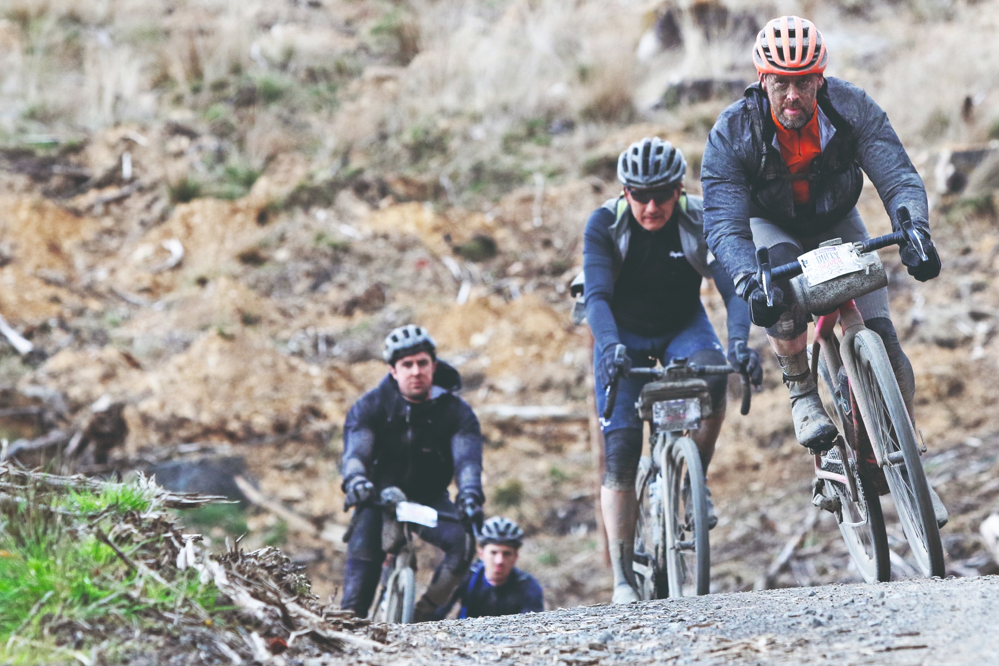 Gravel riders with filthy faces in the Dirty Reiver race in Northern England