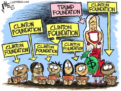 Political cartoon U.S. Donald Trump Bondi Hillary Clinton foundations