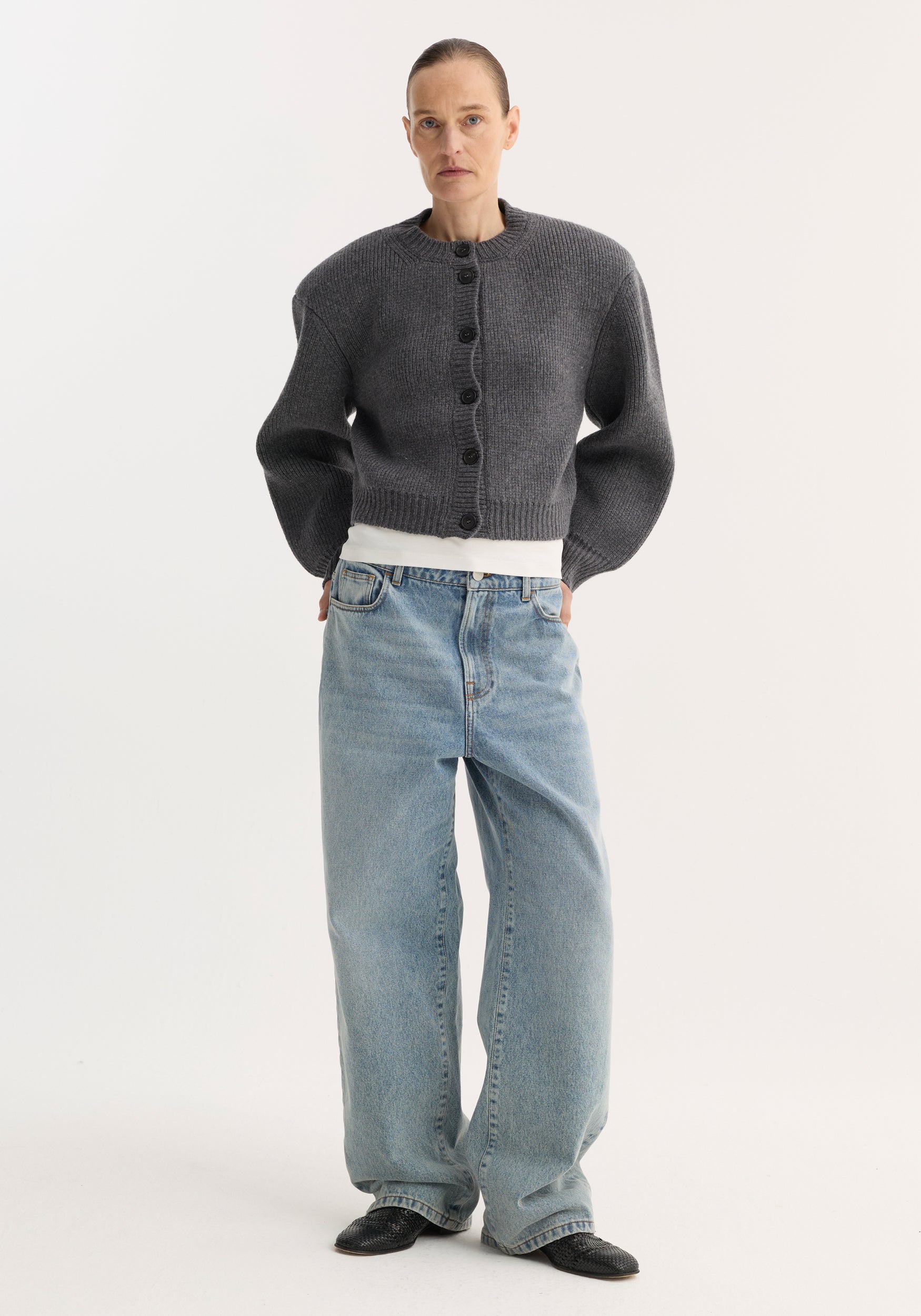 Statement Shoulder Cardigan | Mid Grey Melange