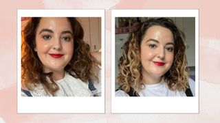 Two shots of Senior Beauty Editor Rhiannon Derbyshire wearing the Fenty Lip Stain