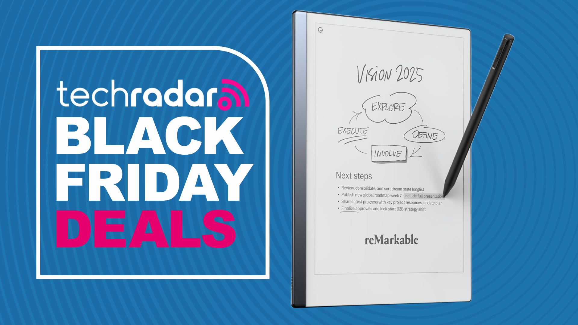 The reMarkable 2 with Marker Plus on a blue background next to a TechRadar badge reading &#039;Black Friday deals&#039;