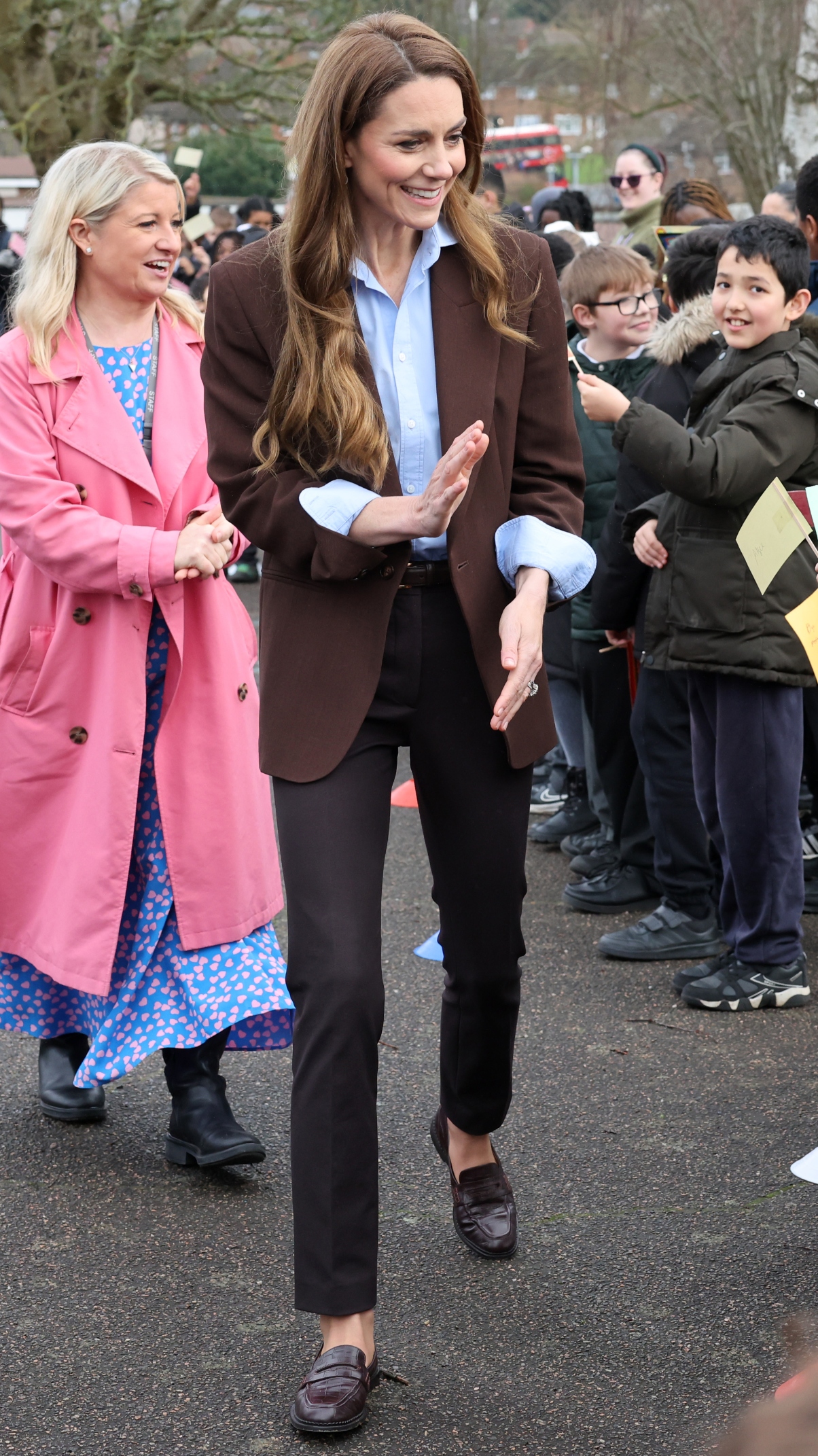 Catherine, Princess Of Wales waves as she arrives to visit Castle Hill Academy in New Addington, Croydon
