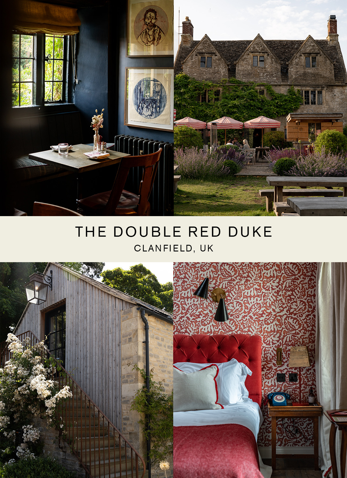 Collage featuring countryside hotel The Double Red Duke outside of London.