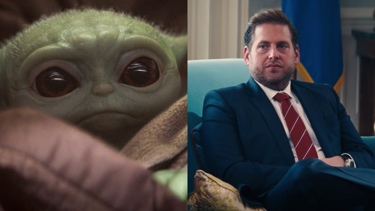 A side-by-side photo of The Mandalorian&#039;s Baby Yoda and Don&#039;t Look Up&#039;s Jonah Hill.